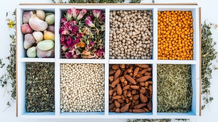 Variety of rat and guinea pig treats arranged in a white and blue box, including nutri pellets, timothy hay, vegetables, and dried flowers, perfect for small animal diets.