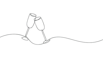 champagne glasses in line art style,one continuous line drawing, black outline vector illustration isolated on white background, template for banner, background,decoration,card,invitation,poster