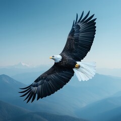 Obraz premium A majestic eagle soaring over a serene mountain landscape.