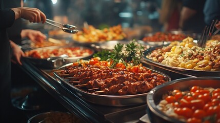 Food being prepared at a buffet line, with decorative beach items like seashells and a starfish on a transparent backdrop.