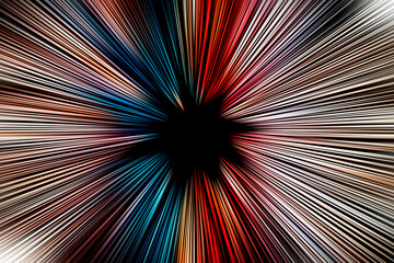Abstract radial zoom blur surface of in blue, orange and red tones on a black background....