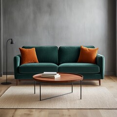 A modern living room featuring a green sofa and a wooden coffee table.