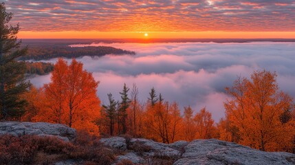 Autumn Forest Sunrise with Foggy Valley and Red Leaves