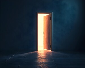 Glowing Door Ajar in Darkness Symbolizing New Possibilities