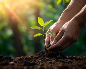 Fototapeta premium Nurturing New Growth Hands Planting Sapling in Fertile Soil with Soft Light