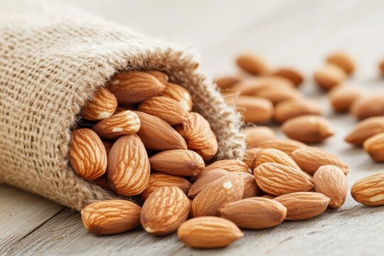 Freshly harvested almonds spilling from a jute bag onto a rustic wooden surface in a cozy kitchen setting