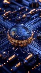A close-up of a Bitcoin on a circuit board, highlighting intricate connections and glowing lights, symbolizing cryptocurrency's digital landscape.