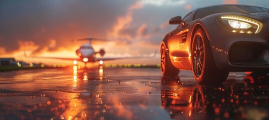 Elegant black car parked beside private jet at airport, showcasing opulent lifestyle and luxury