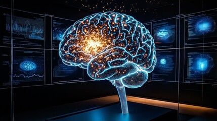A cross-section of a human brain surrounded by holographic data projections, each screen illustrating different mental states, sleek lighting