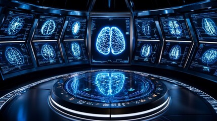 A cross-section of a human brain surrounded by holographic data projections, each screen illustrating different mental states, sleek lighting