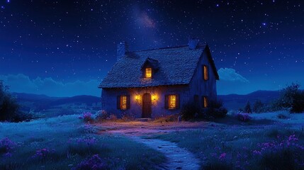Cottage under a Starry Night Sky with Hills in the Distance