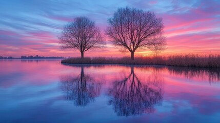 Fototapeta premium Serene Sunrise Over Calm Lake With Two Trees Reflecting In Water