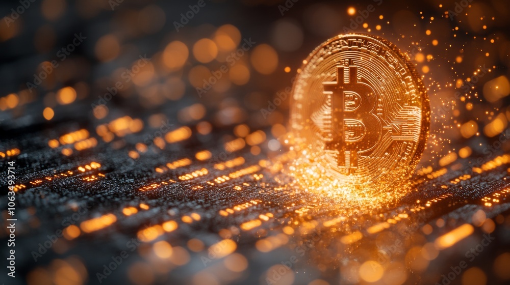 Aufkleber a glowing bitcoin symbol stands out against a dark digital backdrop filled with shimmering lights, e