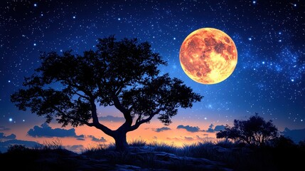 Silhouette of a Tree Against a Night Sky with a Large Full Moon