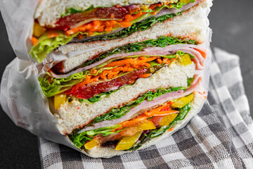 sandwich layers vegetables and ham meat spam fresh meal food snack on the table copy space food background rustic top view