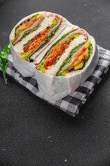 sandwich layers vegetables and ham meat spam fresh meal food snack on the table copy space food background rustic top view