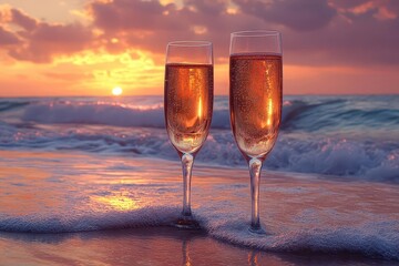elegant glasses of champagne clinking together against a vibrant beach sunset capturing the joyous essence of a new years celebration with warm hues reflecting off the waves