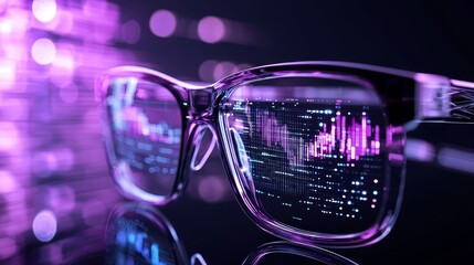 Advanced glasses projecting holographic charts, data visualization, urban night scene