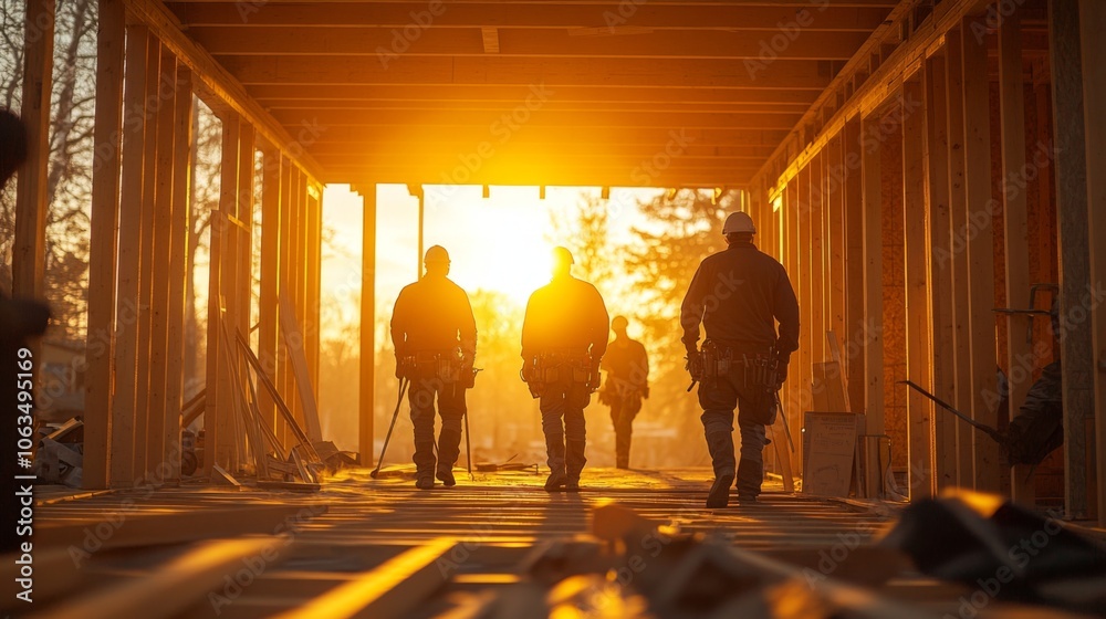 Poster a group of construction workers is seen walking toward a glowing sunset at a building site, highligh