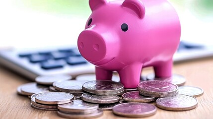 A pink piggy bank surrounded by coins and a calculator, Financial planners hosting a seminar on finance fundamentals for new investors.
