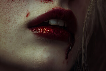 Bloody vampire lips with dark red lipstick, horror aesthetic, Halloween makeup, gothic beauty, mysterious vampire bite, scary fantasy, cinematic close-up, eerie spooky theme