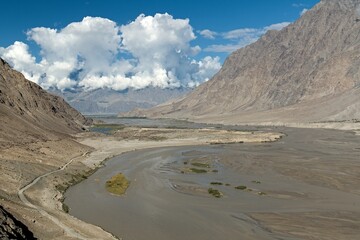 View of Shigar river and Karakoram mountain range. Gilgit-Baltistan region. Pakistan. Asia.