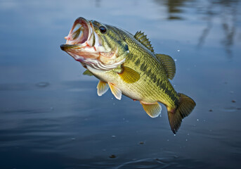 Large mouth bass jumping out of the water, fishing concept