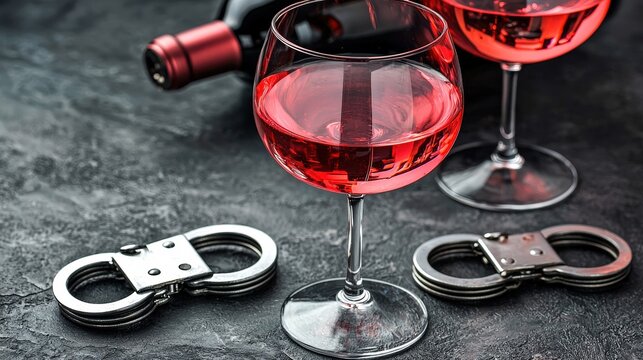 A wine glass with handcuffs around its stem, symbolizing addiction and dependency.