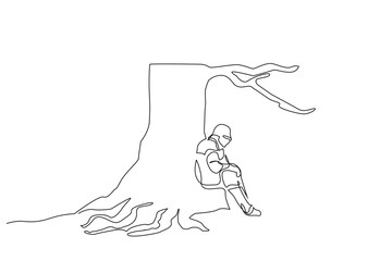 warrior medieval man nature tree resting thinking life one line art design vector