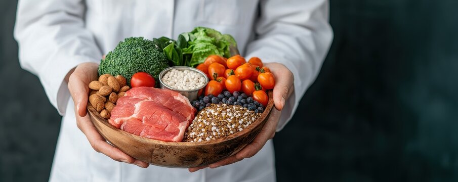 A person in a white coat holds a bowl filled with a variety of fresh vegetables, fruits, grains, and meat, highlighting healthy dietary choices.