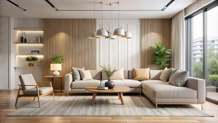 Fototapeta premium Modern minimalist living room with neutral tones