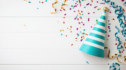 Obraz premium Colorful party hat with confetti and streamers on a white background.