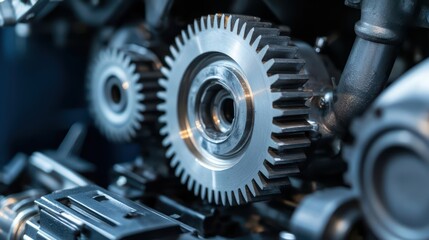 Close-up of precision mechanical gears in a complex machine.