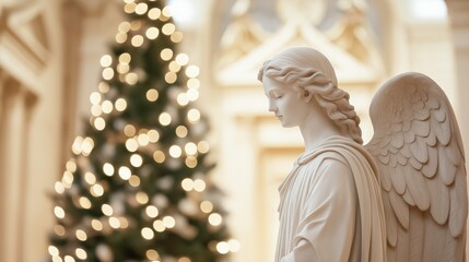 Elegant angel sculpture beside a beautifully decorated Christmas tree in a warm, festive setting.