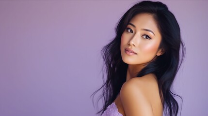 A woman with long black hair wearing a purple dress