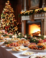 Festive table with assorted holiday dishes and a Christmas tree in the background.