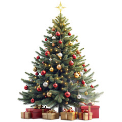 Festive Christmas tree decorated with ornaments and gifts