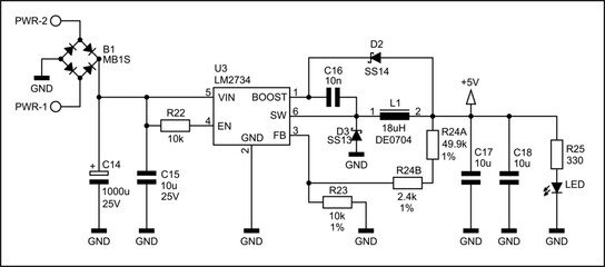 Schematic diagram of digital electronic device (power unit) on white paper sheet. Vector drawing electrical circuit with 
integrated circuit, led, controller, fuse, diode,
capacitor, resistor, other