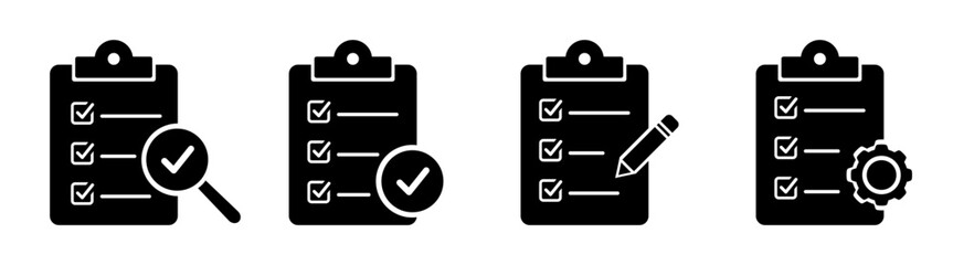 Quality control stroke icon set. Checklist on the clipboard line icon with checkmarks, checklist, document, gear, pencil. 