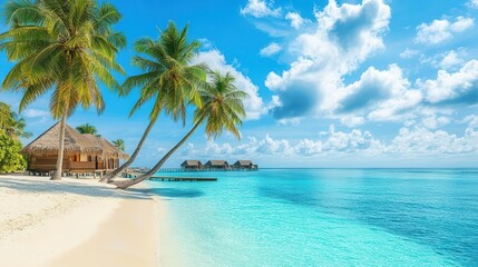 sumptuous retreat on the maldives beachfront, overwater bungalows with stunning turquoise views, palm trees swaying gently in the breeze, inviting atmosphere of luxury and tranquility