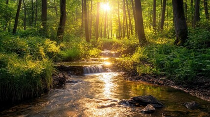 sun-dappled forest creek flowing gently through lush greenery, warm sunlight filtering through the trees, creating a magical and peaceful natural setting