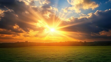 Obraz premium sunlight breaking through clouds, casting rays of hope onto the landscape, symbolizing enlightenment and a higher power's presence in a serene setting