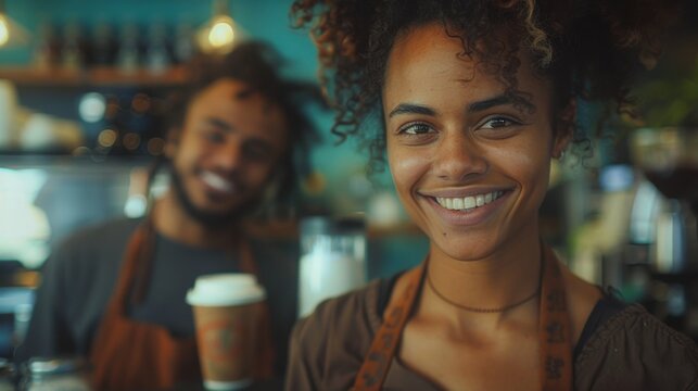 Two happy coffee shop owners smile warmly in their cozy coffee shop, creating an inviting and friendly atmosphere.