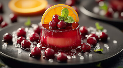 Cranberry jelly with vanilla and coriander, garnished with orange and mint