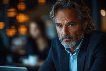 financial advisor engaged in a dynamic discussion with investors analyzing stock market data on a laptop surrounded by charts and graphs in a busy corporate environment