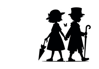 A vector silhouette of a boy and a girl with a hat and a girl with a hat