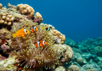 Group of anemone fish playing on the coral reef, beautiful color clownfish on coral feefs, anemones on tropical coral reefs, ocean background