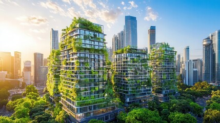 Obraz premium sustainable city skyline showcasing innovative green buildings and eco-friendly designs, embodying urban development focused on environmental responsibility and modern living