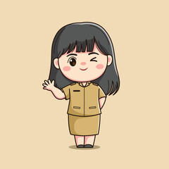 cute female teacher character with greeting face and hands