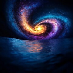 A vibrant galaxy swirl above a tranquil ocean at night.